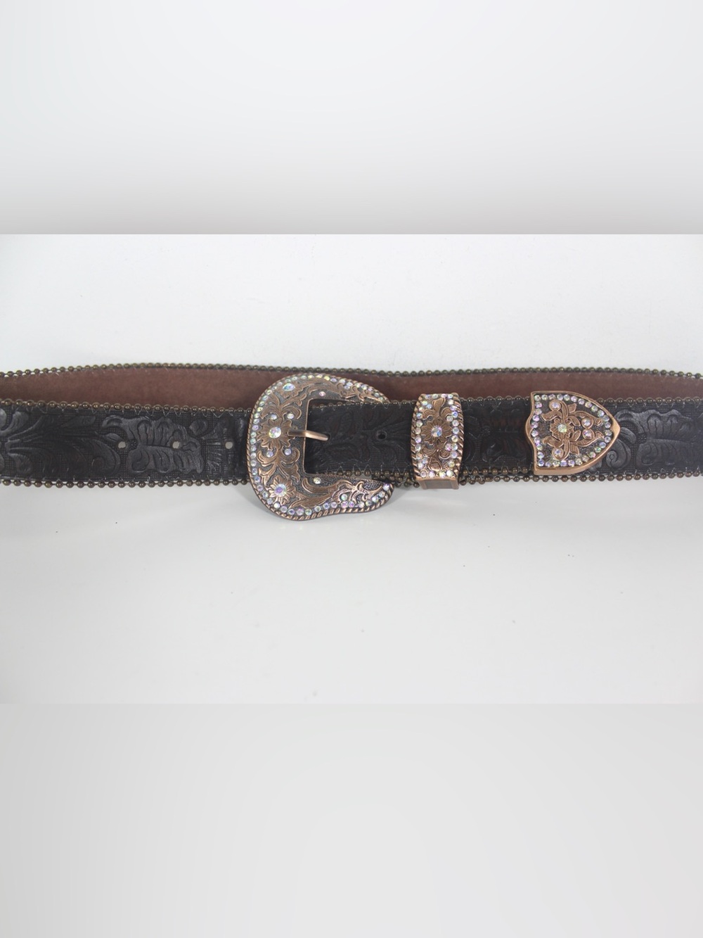 Tooled Brown Leather Belt with Copper Coloured Rhinestone Buckle and Tip Western